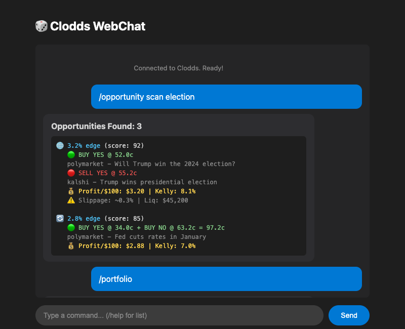 Clodds WebChat — an opportunity scan answered in a chat interface