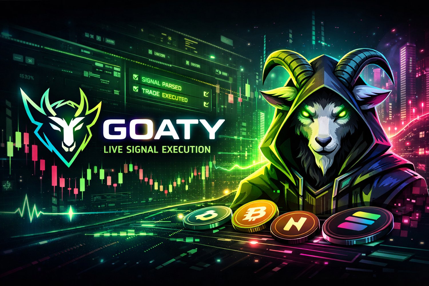 GOATY brand artwork — the goat mascot over candlestick charts